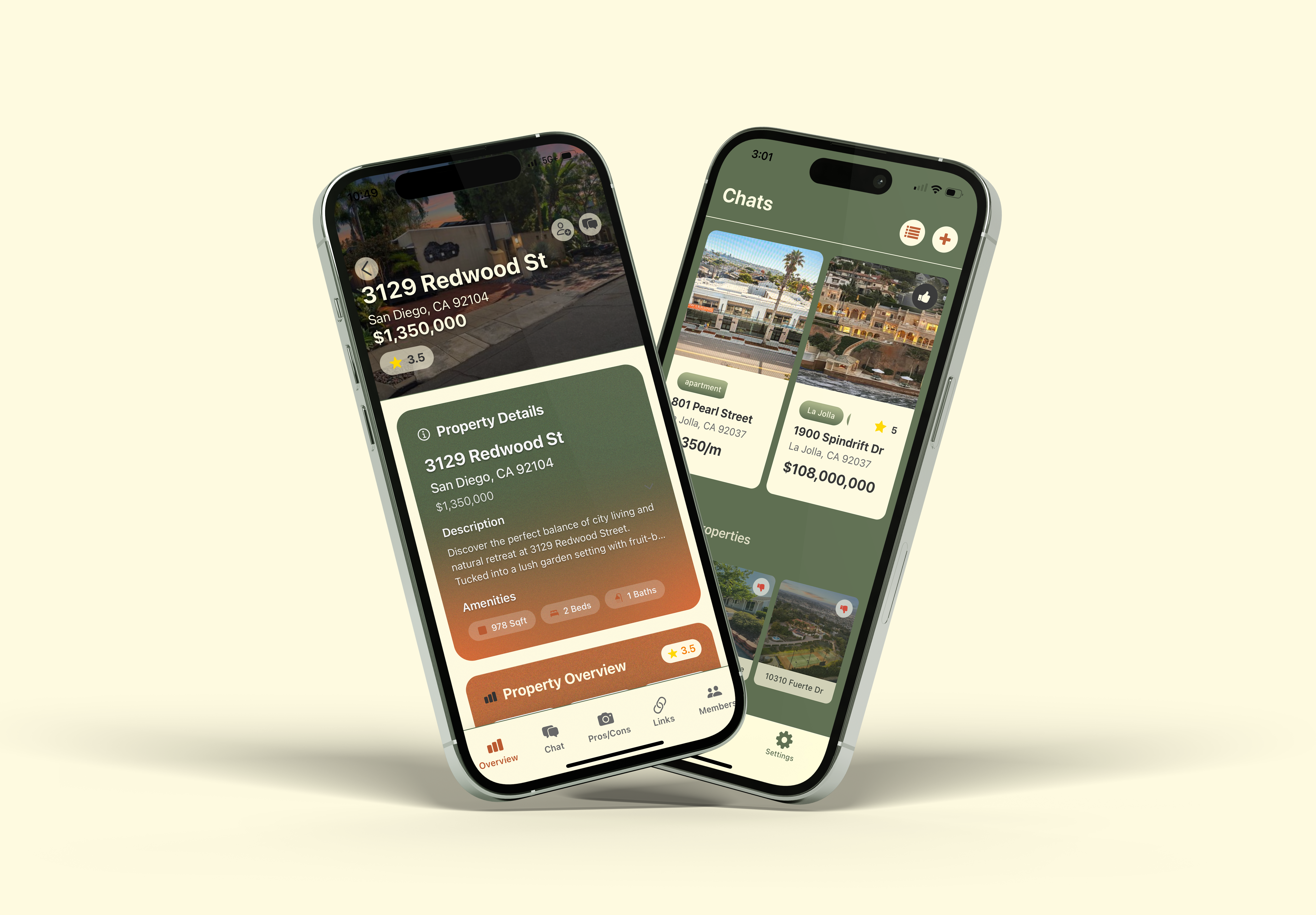 Casa Link app showing organized property chats on two phones